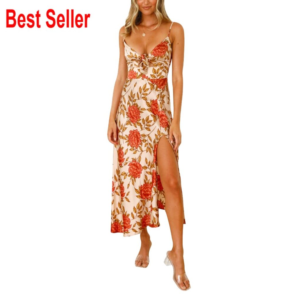 Women's Satin Midi Dress Backless Tie Front Slit Flowy Summer Cocktail